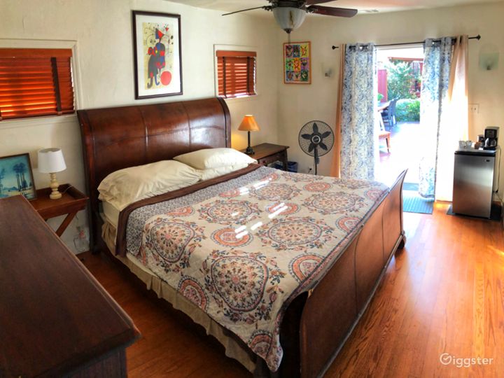 Master bedroom has French doors that open to the redwood deck .  See picture below For angle looking back .  This bedroom has its own bathroom attached FYI.  