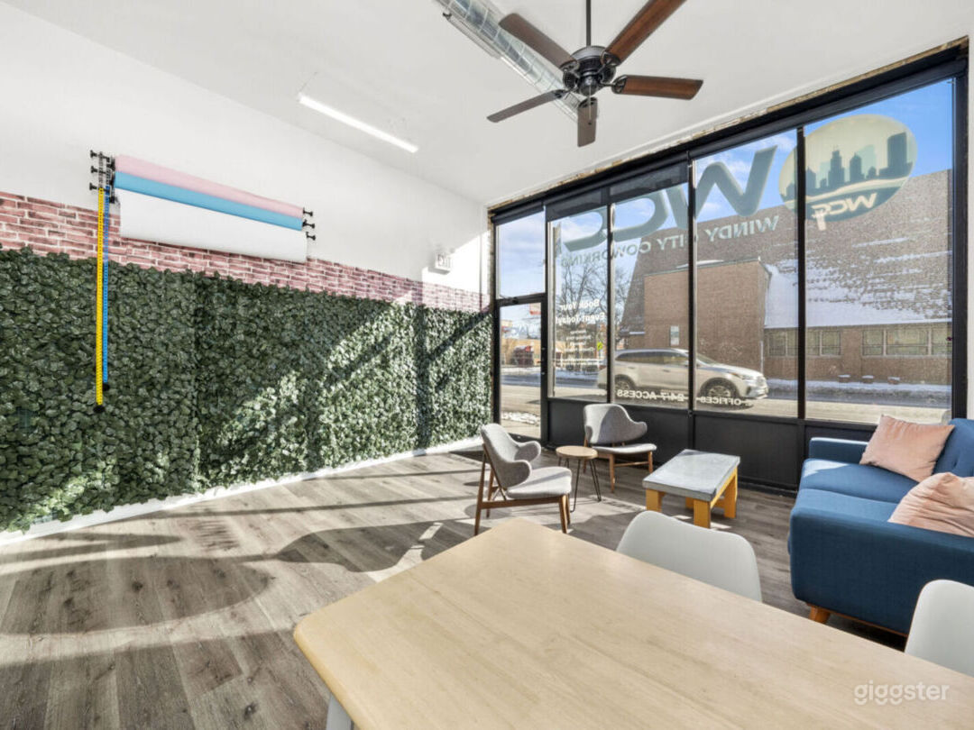 Front room featuring three color photo backdrop