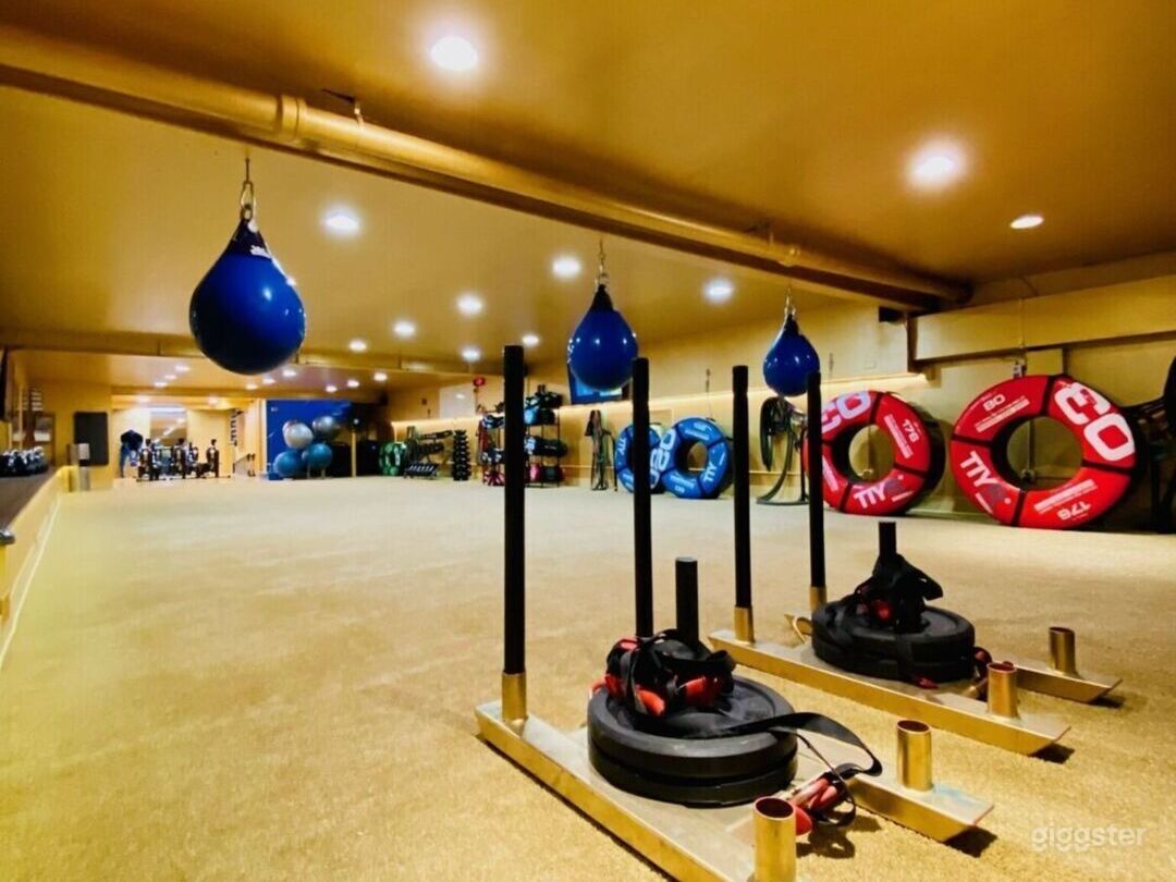 Downstairs studio. Entire floor is turf which enables the use of sleds, tires and various other fitness related activities.  TV monitors for visual capabilities.