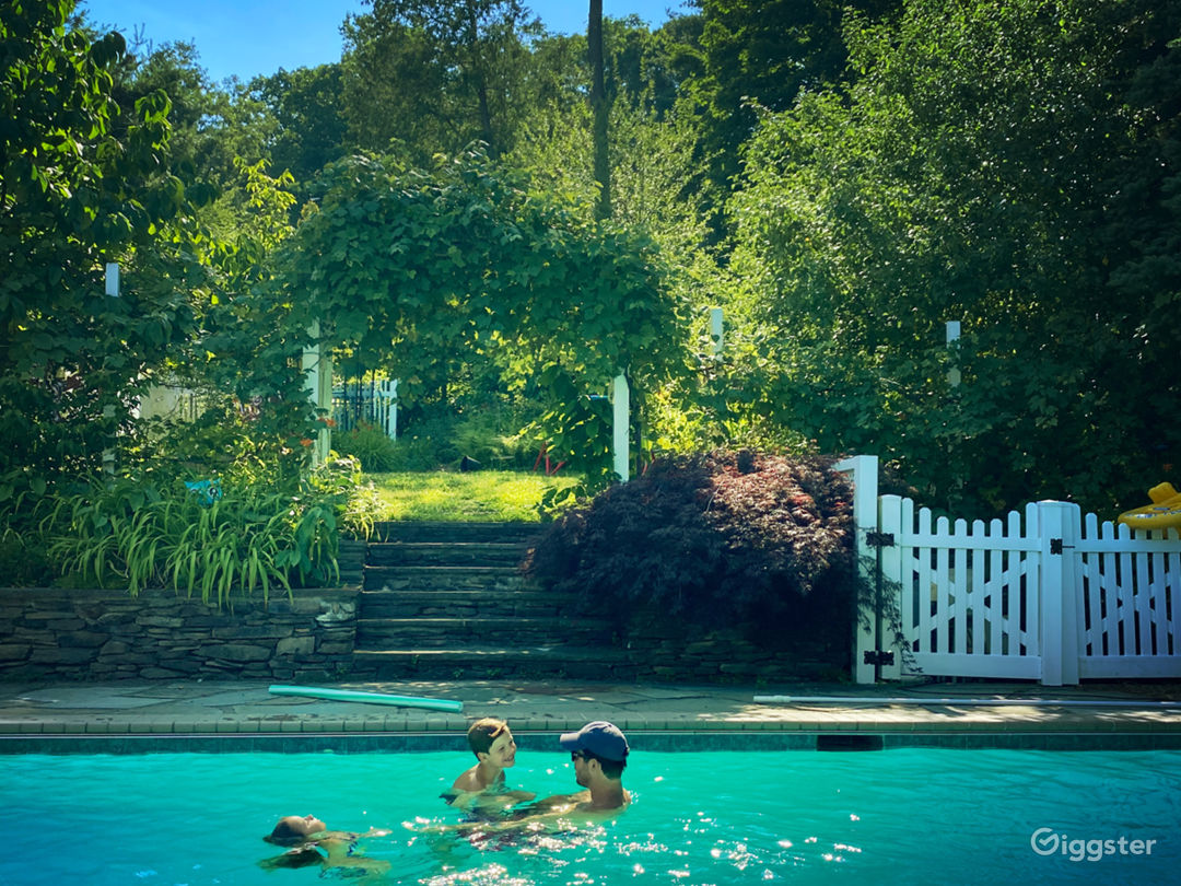  Swimming pool basked in afternoon golden light.  