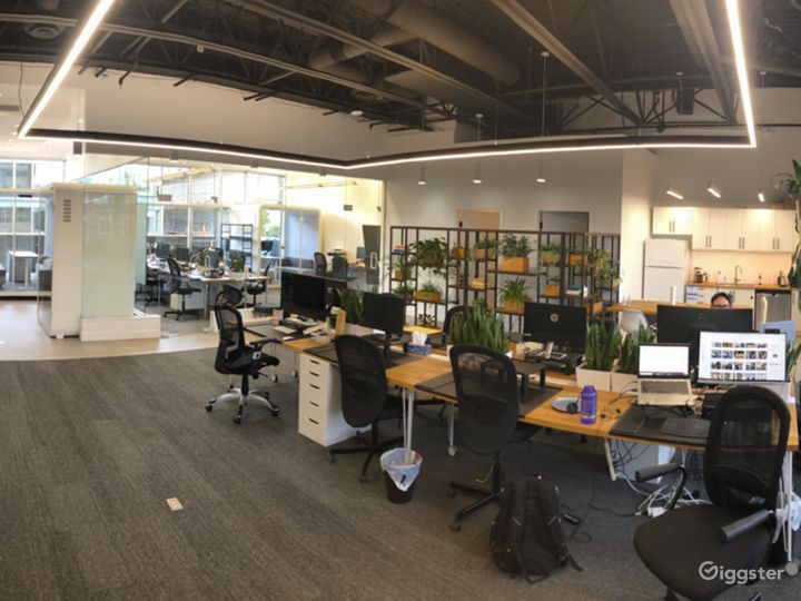 Open office concept with all the furniture on wheels to move to the side if need be. 1 closed in office and a showroom for Inbox Booths (soundproof booths) and 2 bathrooms.