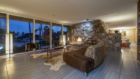 Library Area with Rock Stone Fireplace
