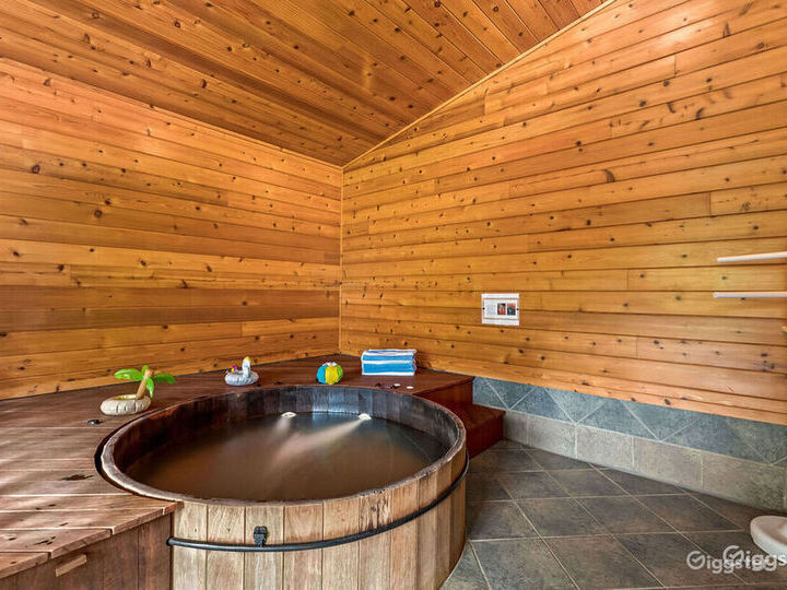 Pool and a unique indoor wine barrel hot tub shower Rent this